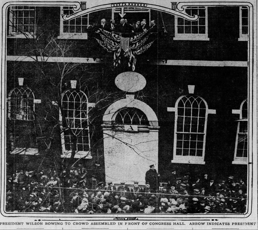 Woodrow Wilson Waves to Crowd at Rededication of Congress Hall -The Philadelphia Inquirer - October 25, 1913