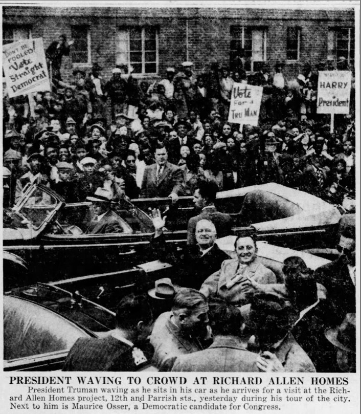 Harry Truman arrives at the Richard Allen Homes on his Tour of Philadelphia - October 6, 1948 - The Philadelphia Inquirer