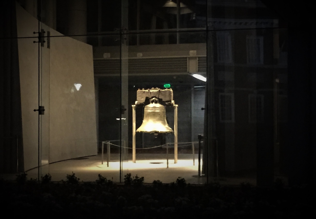 View of The Liberty Bell at night from outside the Liberty Bell Center