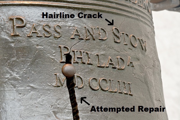 View of the Hairline Crack that silenced The Liberty Bell above the attempted repair