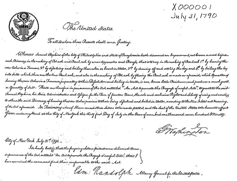 First U.S. Patent Awarded to Samuel Hopkins by President George Washington, July 31, 1790