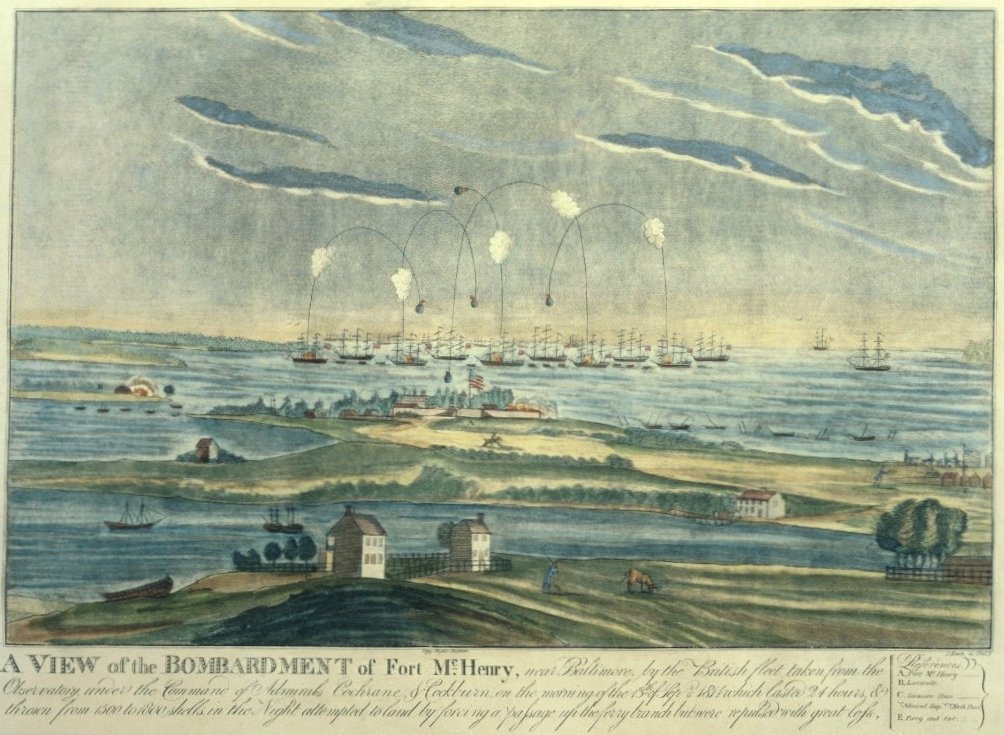 1815 Print of the Bombardment of Fort McHenry by John Bower 